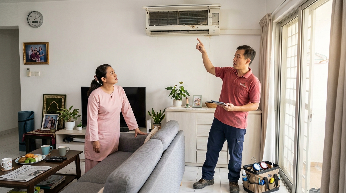 BeanRails air-conditioning service technician explaining work to a homeowner